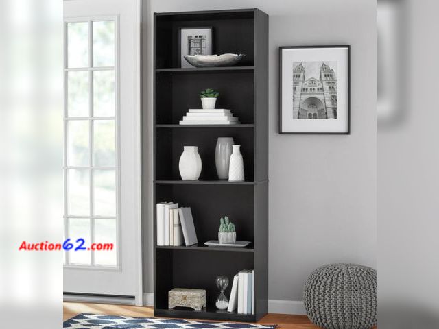 Lot 44-1638n - $36 Retail value- Mainstays 5-Shelf Bookcase with Adjustable Shelves, True Black Oak Appears New Not Tested