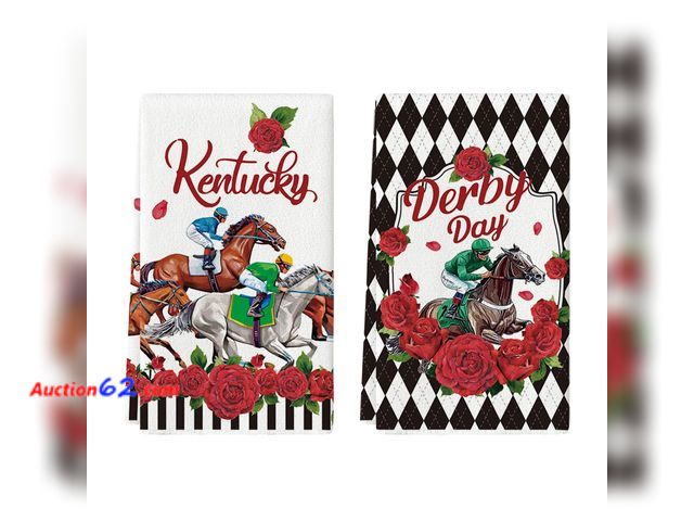 Lot 44-9257 - Lot of (2) Sets of (2) of Artoid Mode Diamond Plaid Jockey Horse Racing Rose Kentucky Kitchen Towels Dish Towels, 18x26 Inch Seasonal Decora...