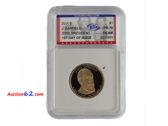 Lot 44-8374m - 2011-S JAMES GARFIELD PRESIDENTIAL DOLLAR PROOF GRADED PR-70 DCAM 1ST DAY OF ISSUE (PERFECT GRADE!) BY IGS.-NT