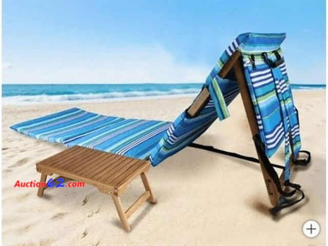 Lot 44-1735 - Melino Portable Beach Lounger with Acacia Wood Folding Table - Lightweight  Adjustable and Padded Backrest  Outdoor Chair with Backpack Stra...