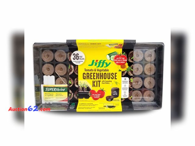 Lot 44-133p - Jiffy 50mm Seed Starting Tomato &amp; Vegetable Greenhouse Kit with 36 Plant-Based Expanding Peat Pellets + Bonus SUPERthrive &amp; Plant La...