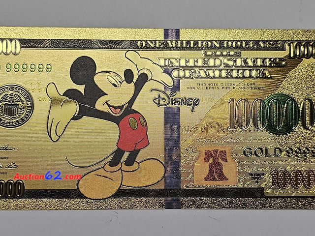 Lot 44-8302q - MICKEY MOUSE DISNEY GOLD PLATED 100 REPLICA NOTE. THE REVERSE HAS TONS OF DISNEY CHARACTERS.-T