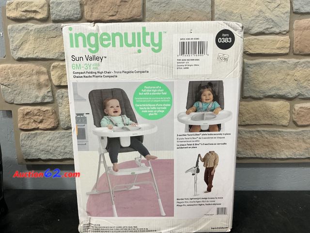 Lot 44-1372m - Ingenuity: ity by Ingenuity Sun Valley Compact Folding High Chair, Food-Grade Safe Plate, Safety Harness, for Ages 6 Months and Up, Unisex -...