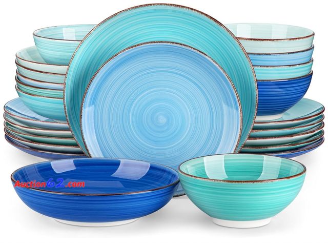 Lot 44-17f - $174 Retail price- vancasso Bonita Dinnerware Set 24 Pieces Blue Stoneware Service for 6, Handpainted Spirals Pattern Stoneware Combination ...