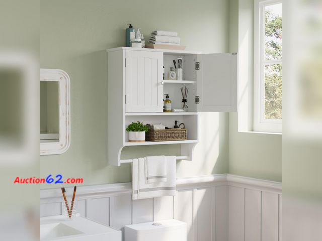 Lot 44-1626w - Smuxee White Bathroom Cabinet Wall Mounted with Towels Bar, Bathroom Medicine Cabinet with 2 Door Adjustable Shelves, Over Toilet Cabinet fo...