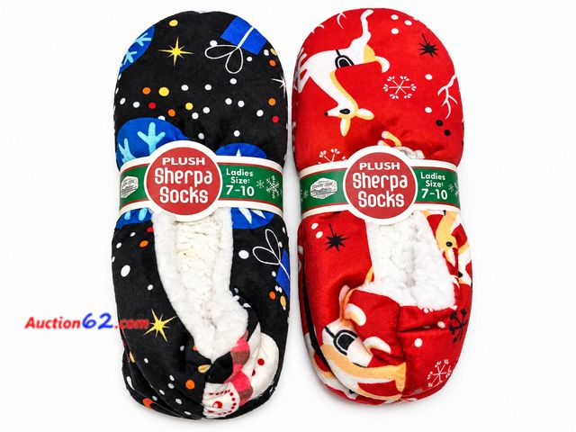 Lot 44-6111m - Two pair of Holiday Plush Sherpa Slipper Socks Size:7-10 Ladies Appears New, A basic inspection has been given to this item. Sold AS-IS. See...