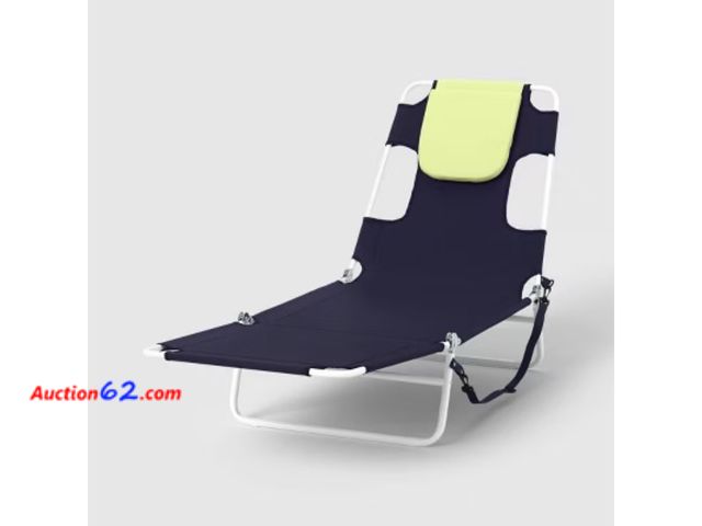 Lot 44-137 - Navy Blue &amp; Lime Green Beach Lounge Chair with Headrest See All Photo's E-Commerce Return, A basic inspection has been given to this ite...