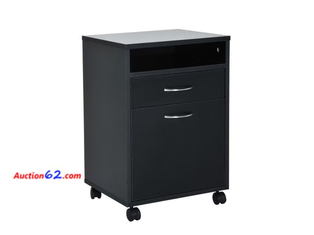 Lot 44-1583w - HomCom 24" Rolling End Table Mobile Printer Cart Nightstand Organizer, Black Appears New, A basic inspection has been given to this item. So...