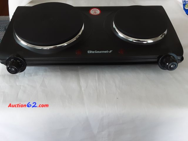 Lot 44-5690g - (damaged but works, see photos) Elite Gourmet EDB-302BF Countertop Double Cast Iron Burner, 1500 Watts Electric Hot Plate, Temperature Contr...