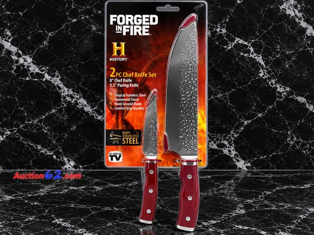 Lot 44-4029m - 2PC Chef Knife Set, 8” Chef Knife &amp; 3.5”  Paring Knife, “FORGED IN FIRE” As seen on TV, History Channel. Surgical Stainless Steel, Hamme...