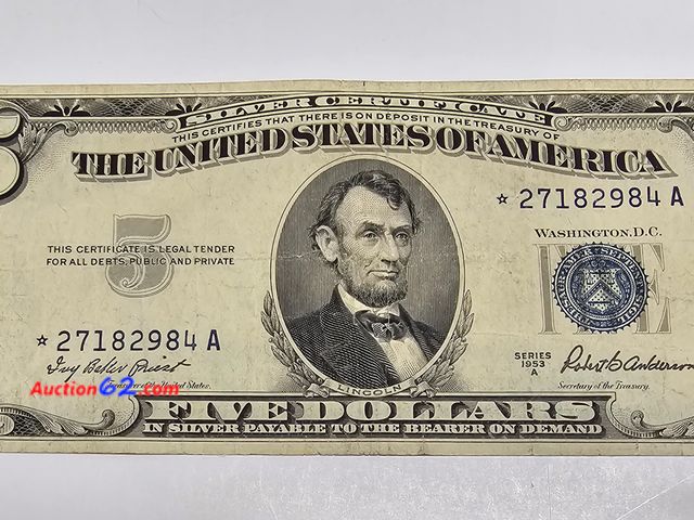 Lot 44-8335f - 1953 A SERIES $5 SILVER CERTIFICATE STAR NOTE.-NEARLY UNCIRCULATED.-NT
