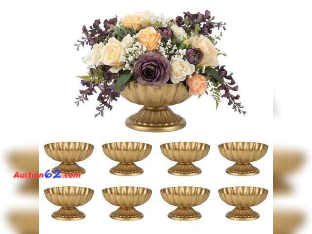 Lot 44-2575a - $94.89 Retail price - Set of 8 Antique Gold Compote Vases, 7.1" W x 3.94" H Metal Pedestal Vase for Centerpiece, Small Brass Compote Bowls f...