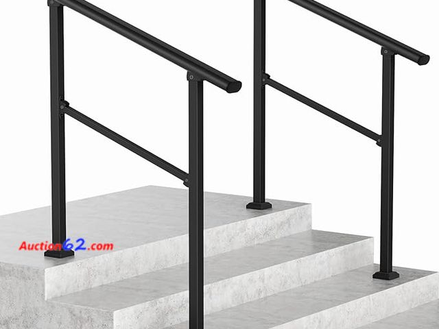 Lot 44-222b - LOVMOR (2) Pack 3 Step Hand Rails for Outdoor Steps, Wrought Iron Railing, Exterior Hand Railing for Steps, Porch Railing Kit (2-3 Steps Han...