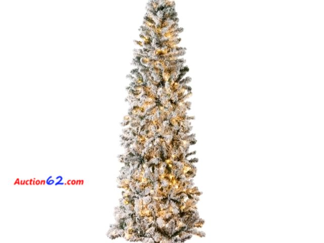 Lot 44-6995w - 12ft Pre-Lit Snow Flocked Artificial Pencil Christmas Tree Appears New, A basic inspection has been given to this item. Sold AS-IS.