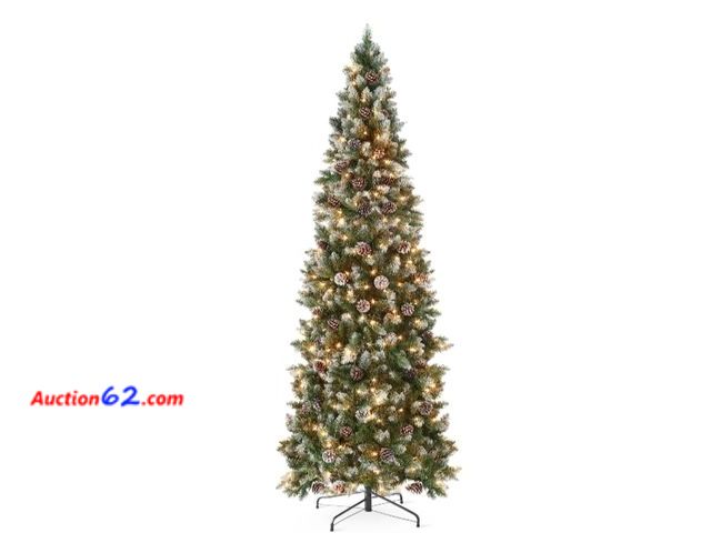 Lot 44-6945w - 6ft Pre-Lit Partially Flocked Pencil Christmas Tree w/ Pine Cones, Metal Stand Appears New, A basic inspection has been given to this item. ...