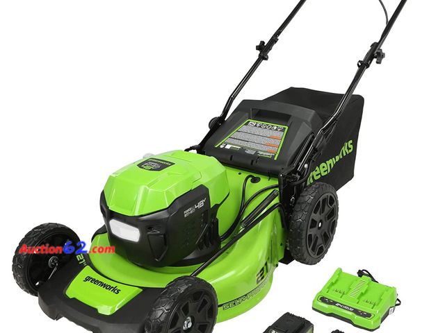 Lot 44-20p - $340 Retail value- Greenworks 48V (24V x 2) 21" Brushless Cordless (Self-Propelled) Lawn Mower (LED Headlight), (2) 5.0Ah Batteries and Dual...