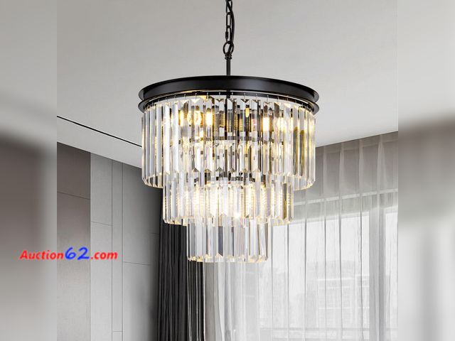 Lot 44-1621w - $98.79 Retail price - GDLT Crystal Chandelier 15.8" Modern K9 Crystal Hanging Pendant Lights 6-Lights Black 3-Tier Luxury Crystal Dining Roo...