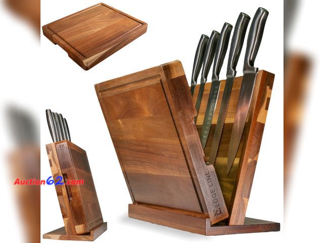 Lot 44-1973i - EDGE LINE Magnetic Knife Block Holder With Large 14 x 12 Inch Cutting Board, Premium Acacia Hard Wood Magnetic Knife Holder Rack for Kitchen...