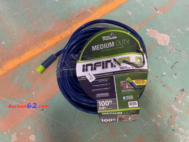 Lot 44-555t - Ray Padula InfiniFlo 100ft Silver Medium Duty Garden Hose: Leak-Resistant, PVC, Comfi-Grip Not Tested Appears New with box damage