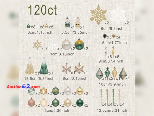 Lot 44-7410p - 120 ct. Christmas ornaments set, green gold Christmas tree decorations, assorted shatter proof plastic hanging ball ornaments  Appears New, ...
