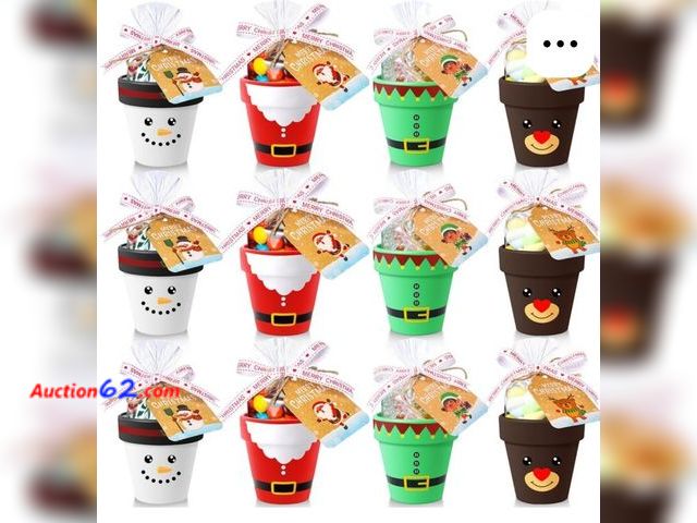 Lot 44-6542t - Maxcheck 24pc 3.15 Inch Christmas Clay Pot Set Christmas Santa Snowmen Elk Elf DIY Crafts Include Xmas Pot with Ribbon Bag Hemp Rope Card Se...