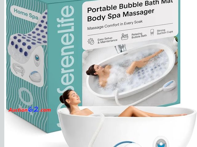 Lot 44-7299w - SereneLife portable spa bubble bath massager waterproof non-slip mat with suction cup bottom, motorized air pump and adjustable bubble setti...