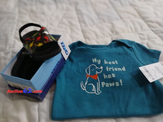 Lot 44-2344b - New  with tags size 2 Josmo infant sandals with dinosaurs and new  with tags 9 month Carters onesie.  See photos. 1. Appears New, A basic in...
