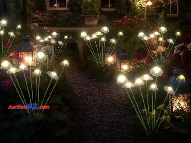 Lot 44-4009g - Solar Garden Lights Outdoor Mushroom Stakes, 4 Pack 32 LEDs Swaying Decorations for Patio, Pathway (Warm White) Appears New