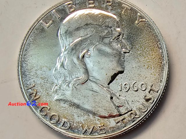 Lot 44-8330v - 1960 FRANKLIN 90% SILVER PROOF HALF DOLLAR WITH REALLY PRETTY TONING. MINTED IN PHILADELPHIA BEFORE SAN FRANCISCO WAS MAKING OUR PROOFS.-NT