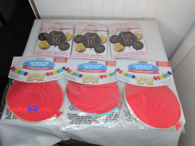Lot 44-5555f - Lot of Sweet 16 balloons and "Yay" banners.  Appears New, A basic inspection has been given to this item. Sold AS-IS.