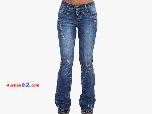 Lot 44-6526p - Size Small Flamingals Women's Mid Waist Wide Leg Jeans Embroidered Vintage Style Ripped Detail Buckle Jeans for Women Mid Blue Appears New, ...