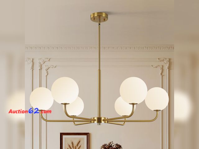 Lot 44-1844 - $199.99 Retail price - ZXFDWB Gold Modern Sputnik Chandelier for Dining Room Light Fixture, 6-Light Mid Century Pendant with Frosted Glass S...