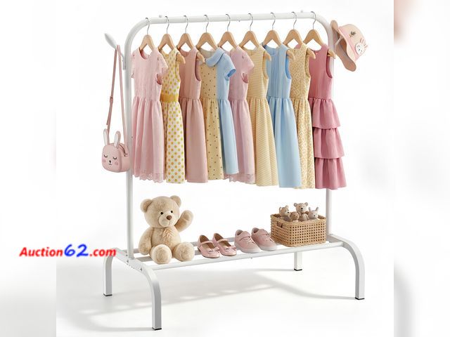 Lot 44-1621e - ELUZENE Kids Clothing Rack with Storage Shelf &amp; Hooks, Portable Child Kids Clothes Rack for Coats Skirts, Small Toddler Clothes Hanging ...
