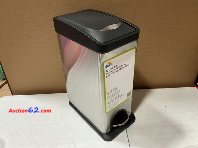 Lot 44-9101b - Honey-Can-Do 8L Rectangular SS Step Can, Silver- Dented E-Commerce Return, A basic inspection has been given to this item. Sold AS-IS.