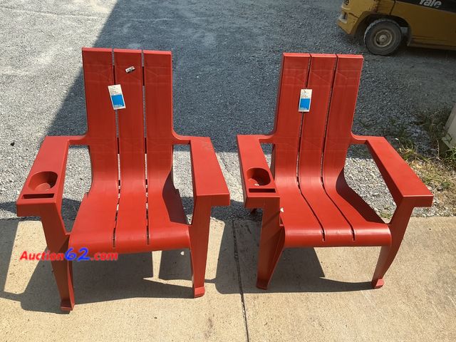 Lot 44-208 - $150 Retail price - Set of 2 Red Plastic Adirondack Chairs with Cup Holders See All Photo's E-Commerce Return, A basic inspection has been g...