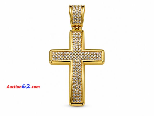 Lot 44-6004m - Gold colored iced cross pendant. Approximately 4 in x 2 in. No markings. Appears New, A basic inspection has been given to this item. Sold A...
