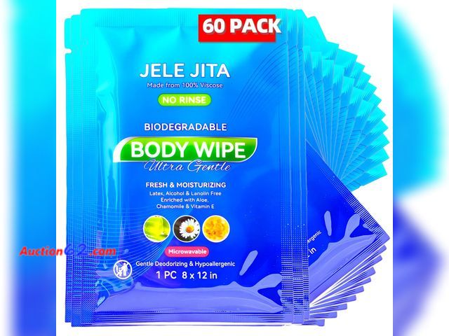 Lot 44-860e - Travel Body Wipes for Camping – 8"x12" Extra Large Shower Wipes for Adults Bathing No Rinse with Aloe, Chamomile &amp; Vitamin E, pH Balance...