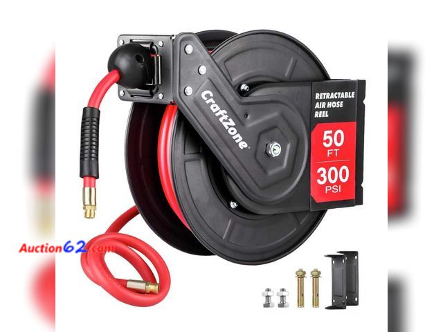 Lot 44-1813w - $109.99 Retail price - Retractable Air Hose Reel, Rewind 50 ft x 3/8 in Hybrid Air Hose Max 300PSI, Heavy Duty Air Compressor Hose Reel with...