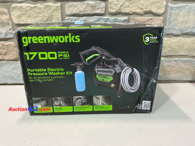 Lot 44-1565b - $99 Retail price - Greenworks 1700 PSI Corded Electric Pressure Washer See All Photo's Not Tested E-Commerce Return, A basic inspection has ...