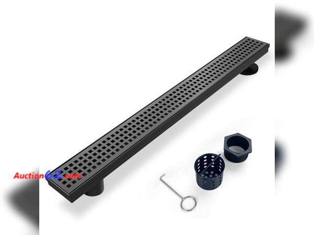 Lot 44-4100w - $75.95 Retail price - Elefloom Offset Linear Shower Drain, Matte Black Shower Drain 24 inch with Removable Grate Cover, Brushed 304 Stainles...