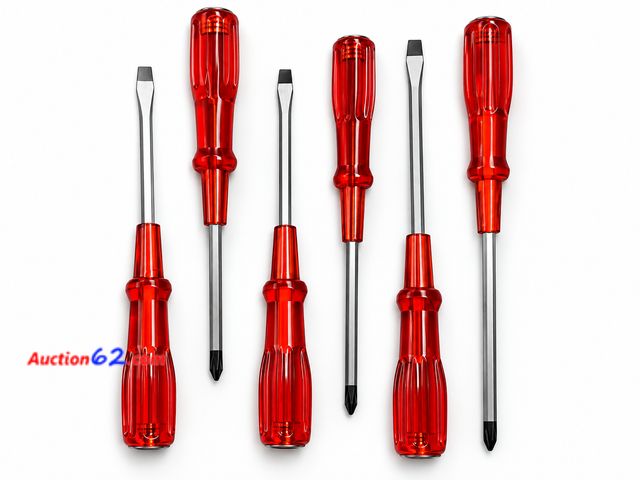 Lot 44-6071m - Kit 6pc Screwdriver Set, all red handles, 3 Flatheads, 3 Phillips. Chrome vanadium # 80143 can be used with a hammer. Appears New, A basic i...