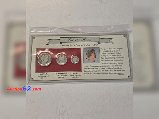 Lot 44-8403w - LIBERTY HEAD COMMEMORATIVE SET OF ONE (1) 90% SILVER BARBER HALF DOLLAR, ONE (1) 90% SILVER BARBER QUARTER DOLLAR, AND ONE (1) 90% SILVER BA...