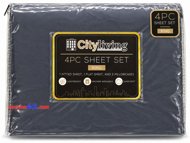 Lot 44-6061m - City living 4 pc king size sheet set fitted flat 2 pillow cases. Light weight super soft. Appears New, A basic inspection has been given to ...