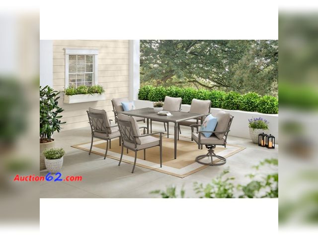 Lot 44-2m - $799 Retail price - Preston Pointe Dark Cement Gray 7-Piece Metal Outdoor Dining Set with CushionGuard Putty Cushions (missing 4 chairs) E-C...