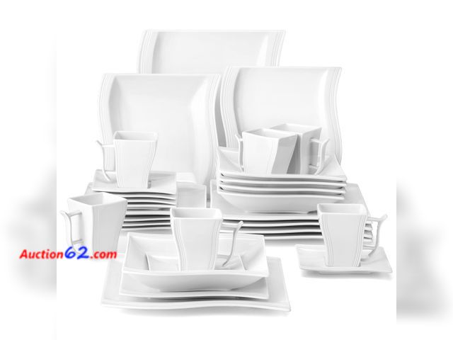 Lot 44-838i - $119.99 Retail price - MALACASA Ivory White Dinnerware Sets, 30-Piece Porcelain Plates and Bowls Sets, Modern Dish Set for 6, Square Plates ...