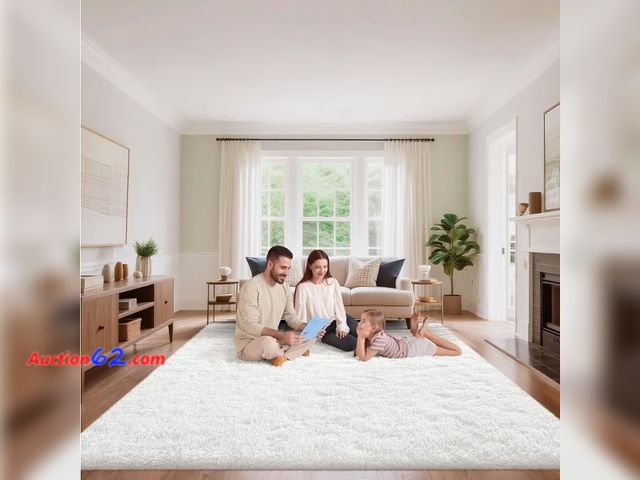 Lot 44-7131i - Cream white area rug 9'×12' fluffy large rug soft shag non-slip carpet  E-Commerce Return, A basic inspection has been given to this item. S...