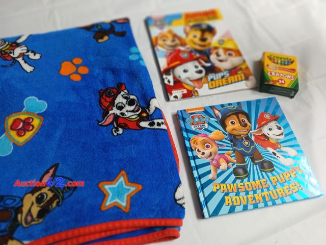 Lot 44-2139g - New Paw Patrol book, new jumbo paw patrol coloring book and 24 crayons, gently used paw patrol blanket.  See photos. Appears New, A basic in...