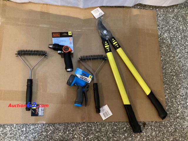 Lot 44-7755j - Lot of (1) bypass lopper, (2) wire grill brushes, (2) garden hose nozzles.  Appears New, A basic inspection has been given to this item. Sol...