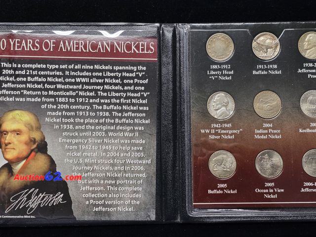Lot 44-8324o - 100 YEARS OF AMERICAN NICKELS BRILLIANT UNCIRCULATED SET W/V NICKEL, BUFFALO NICKEL, JEFFERSON, WAR NICKEL, INDIAN PEACE NICKEL KEELBOAT NIC...