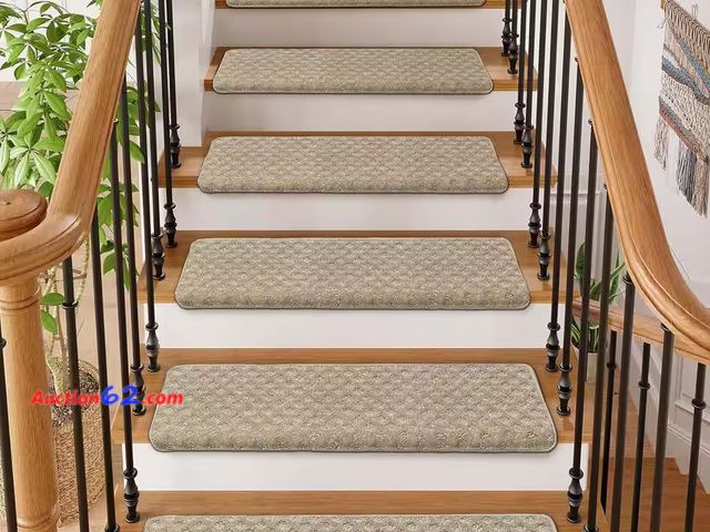 Lot 44-225b - Retail of $119- Mini Diamond Cream 9.5 in. x 30 in. x 1.2 in. Bullnose Indoor Non-slip Carpet Stair Tread Cover Tape Free (Set of  1. Appear...